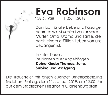 Traueranzeige von Eva Robinson von Märkische Oderzeitung