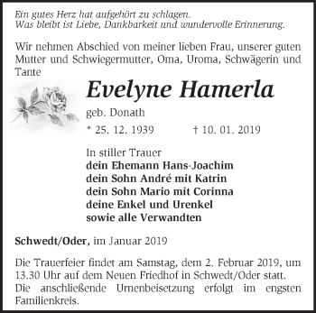 Traueranzeige von Evelyne Hamerla von Märkische Oderzeitung