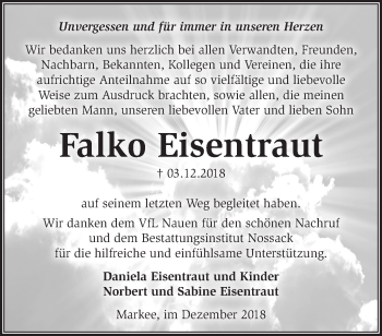 Traueranzeige von Falko Eisentraut von Märkische Oderzeitung