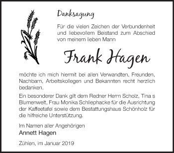 Traueranzeige von Frank Hagen von Märkische Oderzeitung