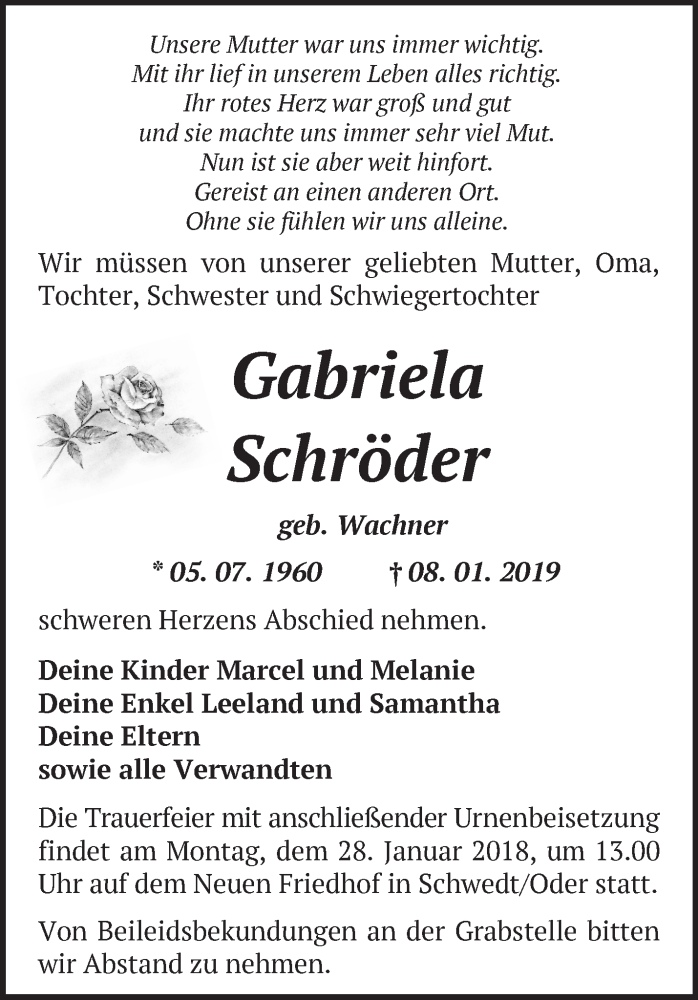  Traueranzeige für Gabriela Schröder vom 16.01.2019 aus Märkische Oderzeitung