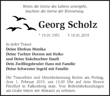 Traueranzeige von Georg Scholz von Märkische Oderzeitung