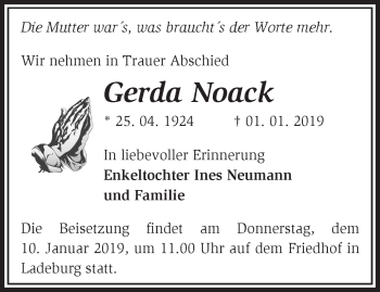 Traueranzeige von Gerda Noack von Märkische Oderzeitung