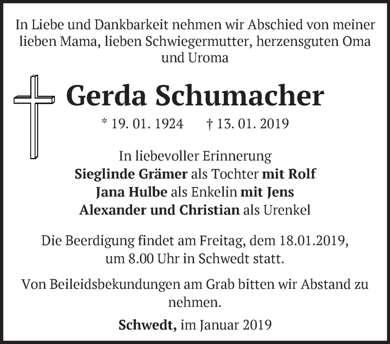  Traueranzeige für Gerda Schumacher vom 16.01.2019 aus Märkische Oderzeitung