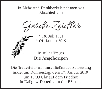 Traueranzeige von Gerda Zeidler von Märkische Oderzeitung