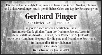 Traueranzeige von Gerhard Finger von Märkische Oderzeitung