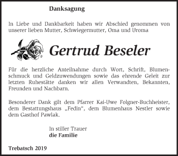 Traueranzeige von Gertrud Beseler von Märkische Oderzeitung