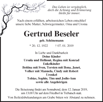 Traueranzeige von Gertrud Beseler von Märkische Oderzeitung