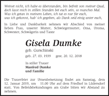 Traueranzeige von Gisela Dumke von Märkische Oderzeitung