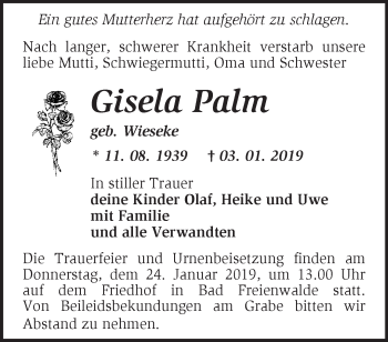 Traueranzeige von Gisela Palm von Märkische Oderzeitung