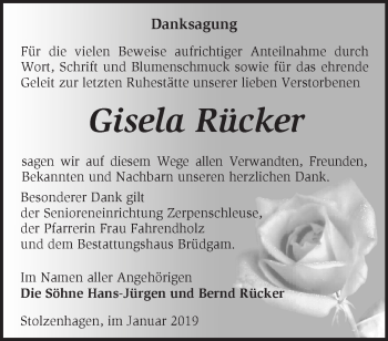 Traueranzeige von Gisela Rücker von Märkische Oderzeitung