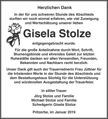 Traueranzeige von Gisela Stolze von Märkische Oderzeitung