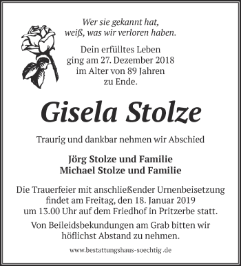 Traueranzeige von Gisela Stolze von Märkische Oderzeitung