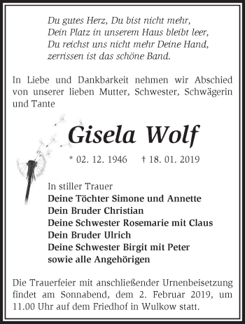 Traueranzeige von Gisela Wolf von Märkische Oderzeitung