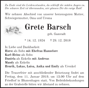 Traueranzeige von Grete Barsch von Märkische Oderzeitung