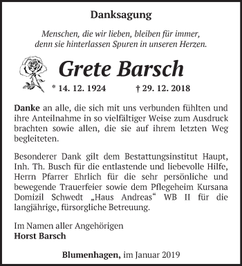 Traueranzeige von Grete Barsch von Märkische Oderzeitung