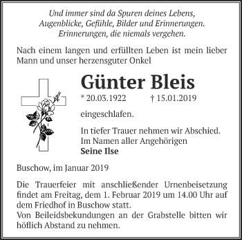 Traueranzeige von Günter Bleis von Märkische Oderzeitung