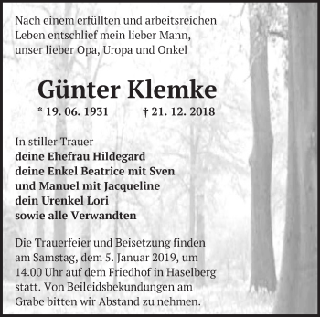 Traueranzeige von Günter Klemke von Märkische Oderzeitung