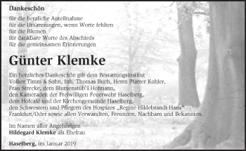 Traueranzeige von Günter Klemke von Märkische Oderzeitung