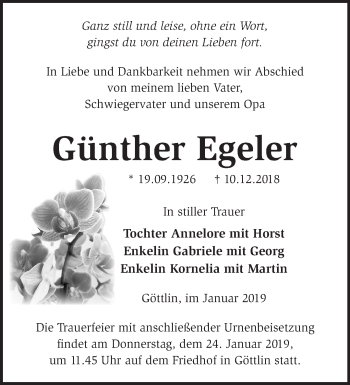 Traueranzeige von Günther Egeler von Märkische Oderzeitung