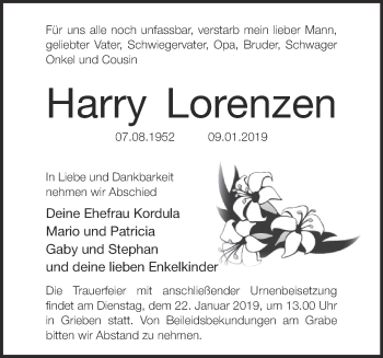 Traueranzeige von Harry Lorenzen von Märkische Oderzeitung