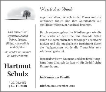 Traueranzeige von Hartmut Schulz von Märkische Oderzeitung