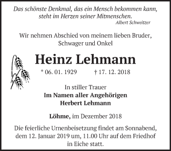 Traueranzeige von Heinz Lehmann von Märkische Oderzeitung