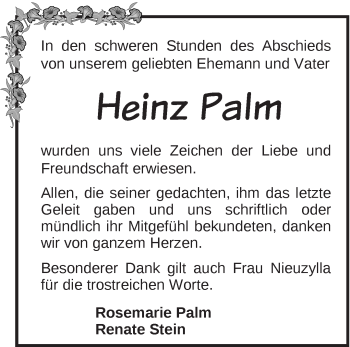 Traueranzeige von Heinz Palm von Märkische Oderzeitung