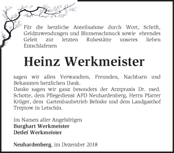 Traueranzeige von Heinz Werkmeister von Märkische Oderzeitung