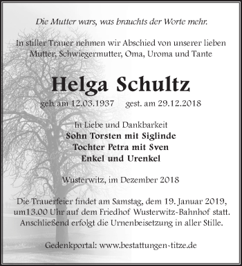 Traueranzeige von Helga Schultz von Märkische Oderzeitung