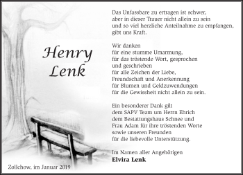 Traueranzeige von Henry Lenk von Märkische Oderzeitung