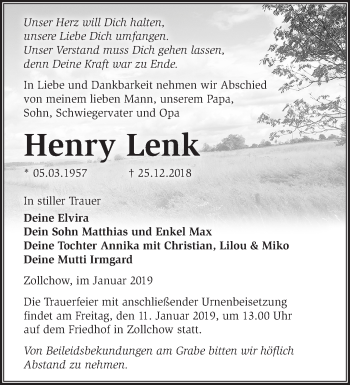 Traueranzeige von Henry Lenk von Märkische Oderzeitung