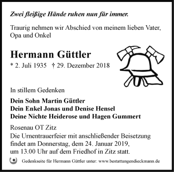 Traueranzeige von Hermann Güttler von Märkische Oderzeitung