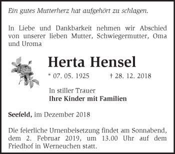 Traueranzeige von Herta Hensel von Märkische Oderzeitung