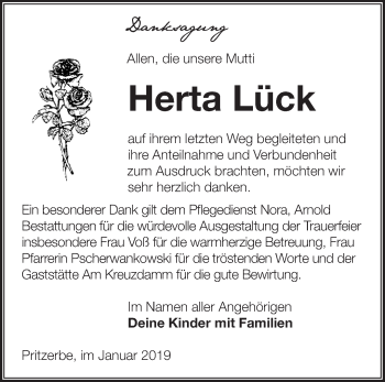 Traueranzeige von Herta Lück von Märkische Oderzeitung