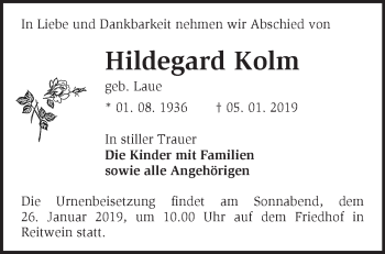 Traueranzeige von Hildegard Kolm von Märkische Oderzeitung