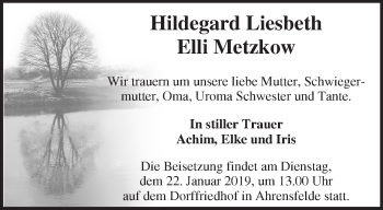 Traueranzeige von Hildegard Liesbeth Elli Metzkow von Märkische Oderzeitung