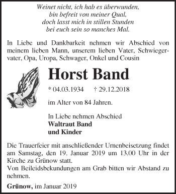 Traueranzeige von Horst Band von Märkische Oderzeitung