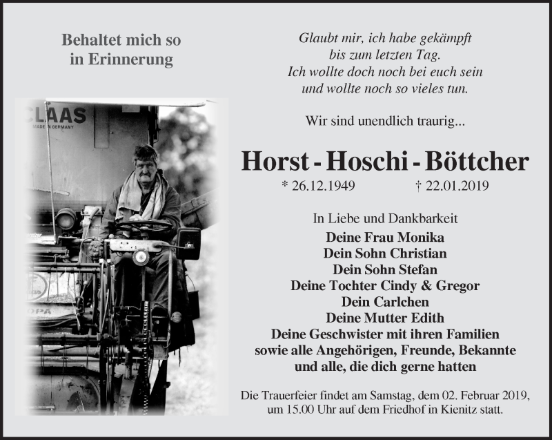  Traueranzeige für Horst Böttcher vom 26.01.2019 aus Märkische Oderzeitung