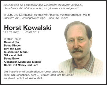 Traueranzeige von Horst Kowalski von Märkische Oderzeitung