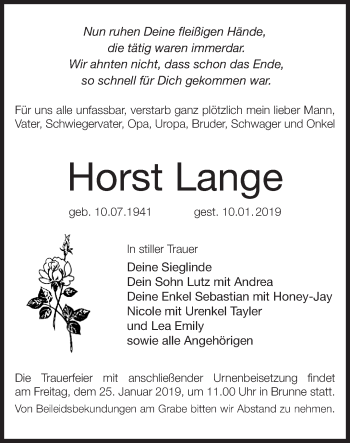 Traueranzeige von Horst Lange von Märkische Oderzeitung