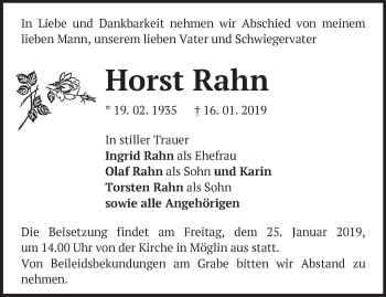 Traueranzeige von Horst Rahn von Märkische Oderzeitung