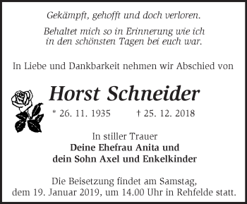 Traueranzeige von Horst Schneider von Märkische Oderzeitung