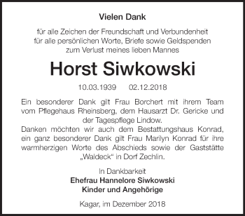 Traueranzeige von Horst Siwkowski von Märkische Oderzeitung