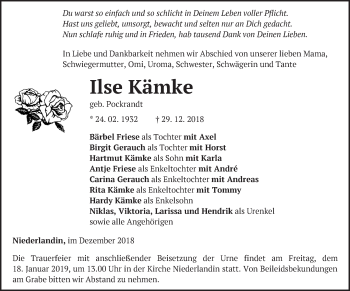 Traueranzeige von Ilse Kämke von Märkische Oderzeitung