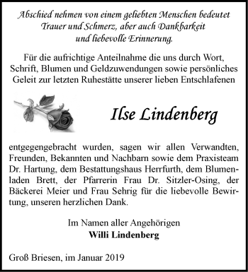 Traueranzeige von Ilse Lindenberg von Märkische Oderzeitung