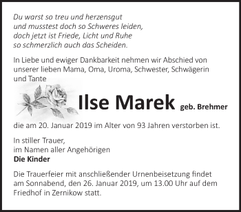 Traueranzeige von Ilse Marek von Märkische Oderzeitung