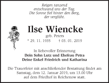 Traueranzeige von Ilse Wiencke von Märkische Oderzeitung