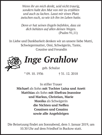 Traueranzeige von Inge Grahlow von Märkische Oderzeitung