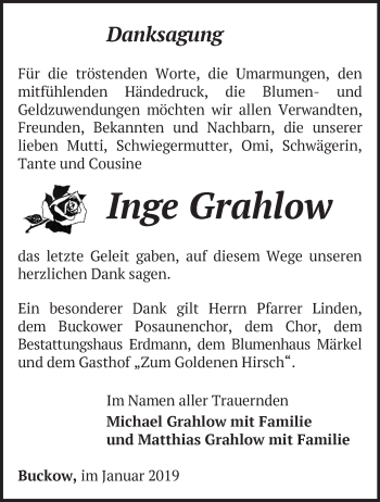 Traueranzeige von Inge Grahlow von Märkische Oderzeitung